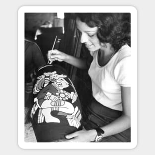 Vintage Photo of Woman Painting Pottery Sticker